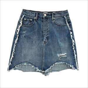 Zara Distressed Asymmetrical Hem Denim Mini Skirt
